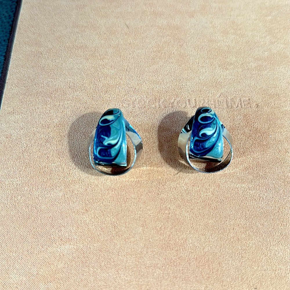 Vintage Clip On Silver & Blue Enamel Earrings